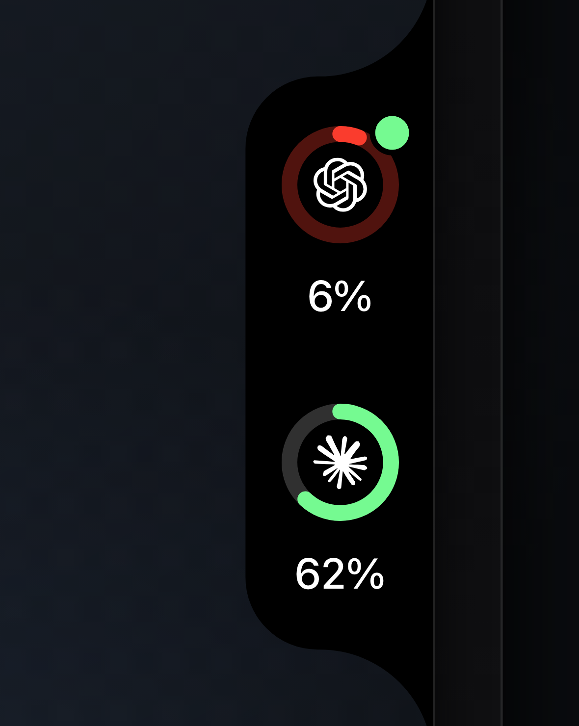 Reset’s rail at the edge of a Mac screen with Codex and Claude rings and a Reset News mark.