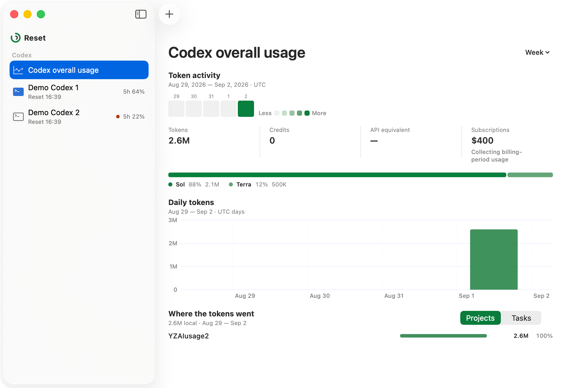 Reset’s main window with account limits, reset times, and usage history.